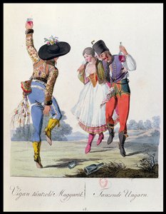Hongaarse dansers in traditionele kleding, illustratie uit een boek Costumes de Pannonie door J.H. de Bikkesy, gepubliceerd in Wenen, 1810