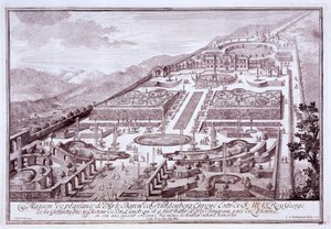 Prachtige tuinen en paleis van Baron de Huldenburg, gebouwd door hem in Widlingsau, 1719