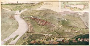 Kaart die de verovering van Buda illustreert, 1686 (kleurgravure)