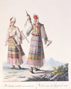 Vrouwen in traditionele kleding van de Mehadia regio, illustratie uit een boek Costumes de Hongrie door J.H. de Bikkesy door Austrian School