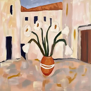 Terracotta pot met witte bloemen door Avanesova Elena