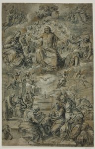 Dispuut van het Heilig Sacrament met de Drie-eenheid zwevend in de lucht