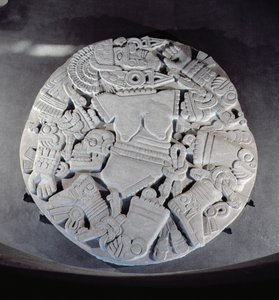 Gravure van de verminking van de maangodin Coyolxauhqui, gevonden aan de voet van de tweelingpiramide in Tenochtitlan, Late Postklassieke Periode (1300-1521) door Aztec