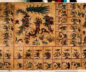 Representatie van Azteekse goden en vakjes die overeenkomen met de kalender. Pagina van het Azteekse manuscript op schors 