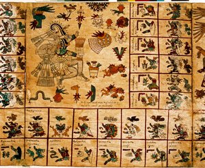 Voorstelling van Azteekse goden en kalenders. Pagina uit het Azteekse manuscript op schors 