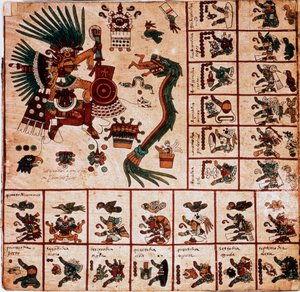 Representatie van Quetzalcoatl en Tezcatlipoca, Azteekse goden en vakjes die overeenkomen met de kalender. Pagina van het Azteekse manuscript op schors 