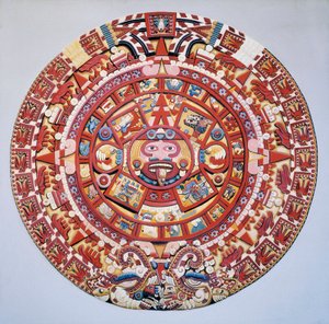 Pre-Columbiaanse beschaving: de Azteekse kalender (Steen van de Zon): schijf die de Azteekse kalender en kosmogonie voorstelt (Tonalpohualli) door Aztec Aztec