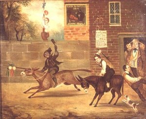 Een ezelrace buiten de Cock and Bottle Inn door B White