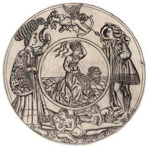 Aristoteles en Phyllis, omringd door een jonge man en vrouw met Eros, en liggende naakte vrouw met twee kinderen, tweede helft van de 15e eeuw door Baccio Baldini