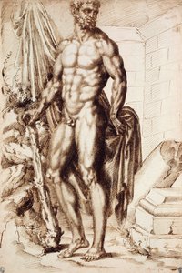 Hercules naar links gedraaid, leunend op zijn Knots, Houdend Draperie, bij de Ruïnes van een Tempel door Baccio Bandinelli