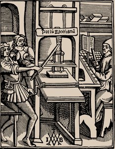 Prelum Ascensianum: drukkerij met de drukpers in werking, 1508 door Badius