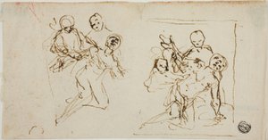 Twee compositieschetsen van in elkaar zakkende figuur ondersteund door twee andere figuren (recto); compositieschets van knielende figuur begeleid door twee andere figuren