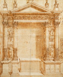 Ontwerp voor een Altaar met een Fronton Tabernakel Ondersteund door Gepaarde Korinthische Beelden van Sint Lucia, Sint Agnes, Sint Ansanus en Sint Stefanus in Nissen Tussen Deze door Baldassarre Peruzzi