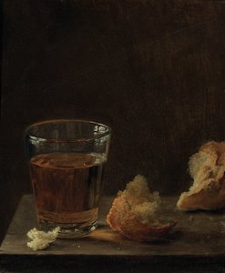 Een glas bier en een broodje op een tafel door Balthasar Denner
