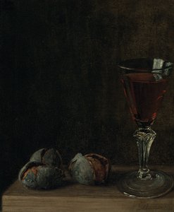 Een glas wijn met walnoten op een tafel door Balthasar Denner