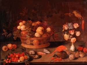 Een Stilleven van Perziken, Appels en Druiven in een Mand, Bloemen in een Chinese Vaas en Twee Papegaaien op een Tafel door Balthasar van der(follower of) Ast