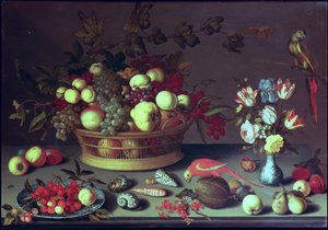 Een Mand met Druiven en ander Fruit door Balthasar van der Ast