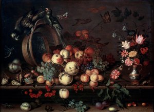 Stilleven met fruit, bloemen en papegaaien, 1620s door Balthasar van der Ast