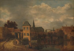 Gezicht op de stad Haarlem, genomen vanaf de rivier de Spaarne, met de Eendjespoort