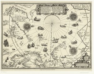 Kaart van de landen rond de Noordpoolcirkel met de drie reizen van de Nederlanders in 1598