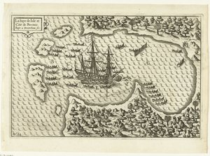 Aankomst op Borneo, 1600 La baye de Isle et Cite de Borneo (titel op voorwerp), RP-P-OB-75.411 door Baptista van Doetechum