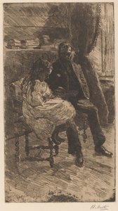 Interieur met een man en een meisje die samen een boek lezen door Barbara Elisabeth van Houten (signed by artist)