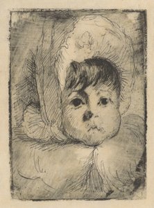 Portret van Elizabeth Mouton als kind met kap op het hoofd door Barbara Elisabeth van Houten