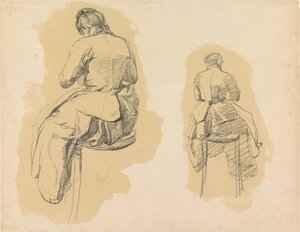 Twee studies van een vrouw, zittend op een kruk, op de rug gezien