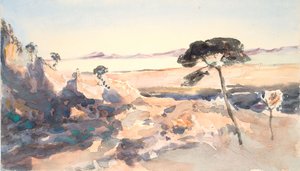 Landschap: Boom met roze bergen door Barbara Leigh Smith Bodichon