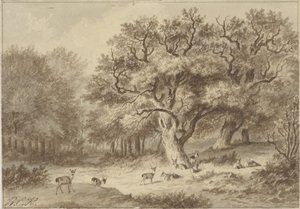 Boslandschap met herten door Barend Cornelis Koekkoek