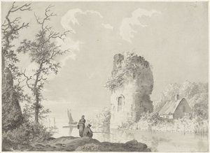 Rivierlandschap met toren en hengelaar door Barend Cornelis Koekkoek