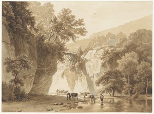Rotsachtig landschap met drinkende koeien door Barend Cornelis Koekkoek