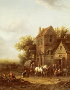 Reizigers die hun paarden water geven buiten een herberg