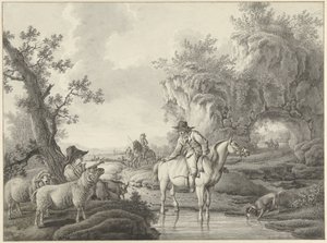 Landschap met een schaapherder en een ruiter bij een poel door Barend Hendrik Thier