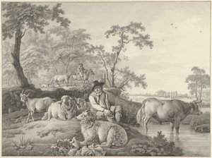 Schaapherder met schapen, een geit en een jonge stier in een landschap door Barend Hendrik Thier