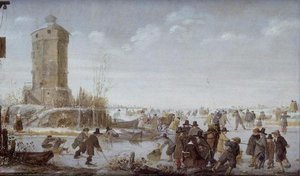 Schaatsers en elegante figuren met paardensleeën op een bevroren rivier bij een toren