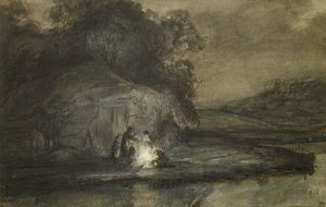 Nachtelijk Landschap met een Rivier en Herders