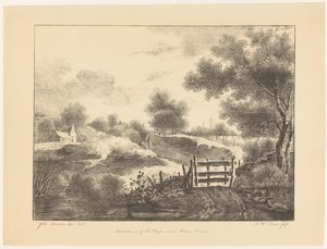 Landschap met huizen, beek en pad