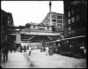 Elevated treinstation bij State en Van Buren Streets, Chicago, Illinois, VS, ca. 1905 door Barnes and Crosby