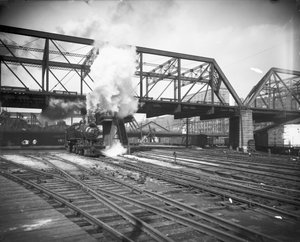The Pennsylvania Limited arriveert op Union Station, Chicago, Illinois, VS, ca.1900 (zwart-wit foto)