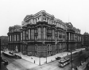 Uitzicht op het Stadhuis van Chicago en het Gerechtsgebouw van Cook County, ca. 1900