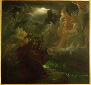 Ossian roept de geesten op aan de oevers van de rivier Lora met het geluid van zijn harp