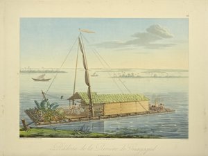 Vlot op de rivier Guayaquil, getekend door Marchais, gegraveerd door Bouquet, illustratie uit "Vues des Cordillères et Monumens des Peuples Indigènes de l