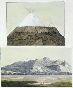 Top van Cotopaxi (boven), en de uitbarsting van Cotopaxi, 1803 (onder), uit 