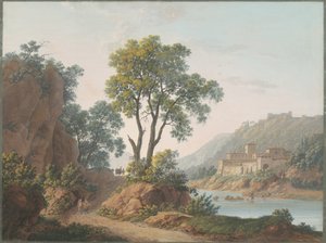 Rivierlandschap met kastelen en reizigers