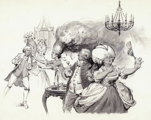 Brandende pruiken (gouache op papier)