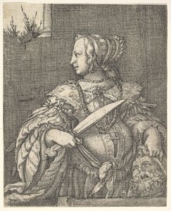 Judith, halflang en in profiel naar links, een zwaard in haar rechterhand en het hoofd van Holofernes