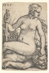 Judith, naar rechts kijkend, naakt zittend bovenop het dode lichaam van Holofernes