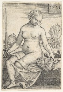 Judith, zittende naakt met een zwaard in haar rechterhand, kijkend naar het hoofd van Holofernes, 1523 door Barthel Beham