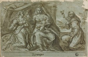 Madonna en Kind met de Heiligen Catharina en Dominicus door Bartholomaeus Spranger